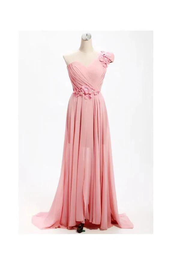 A-line One Shoulder Long Chiffon Bridesmaid Dress with Flowers BD017 by pgmdress