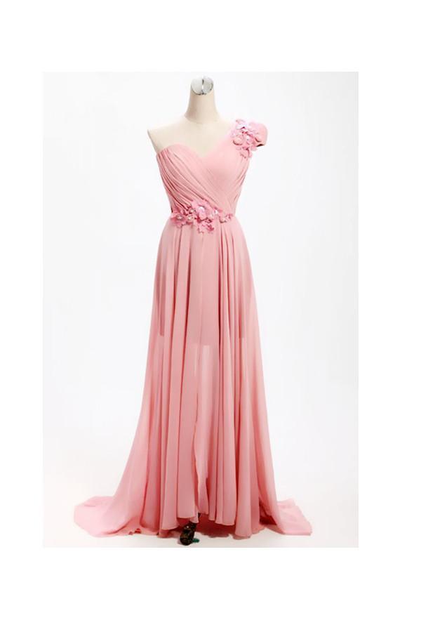 A-line One Shoulder Long Chiffon Bridesmaid Dress with Flowers BD017 Hover Image
