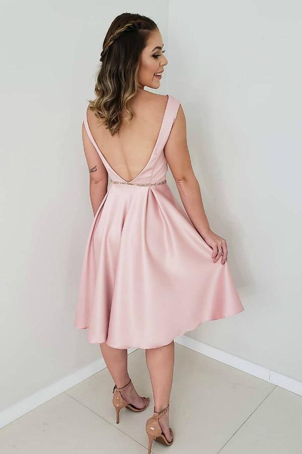 A-Line Pink Satin Backless Short Prom Dress Homecoming Dress PD311 Main Image