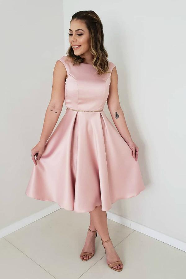A-Line Pink Satin Backless Short Prom Dress Homecoming Dress PD311 Hover Image