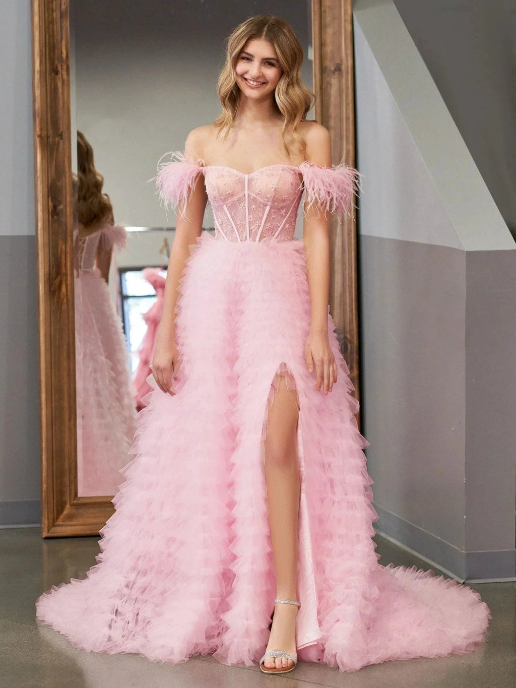 Ingrid |A Line Sweetheart Tiered Tulle Long Prom Dress With Slit by KissProm
