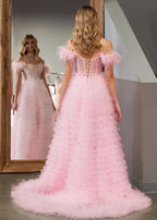 Ingrid |A Line Sweetheart Tiered Tulle Long Prom Dress With Slit by KissProm