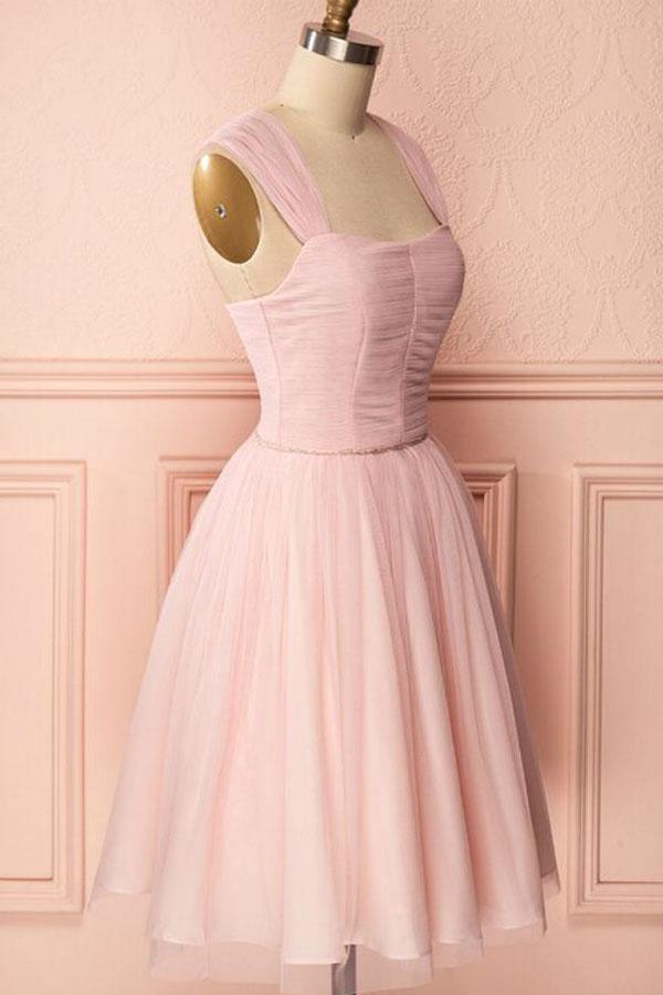 A-Line Pink Tulle Straps Pleats Beading Homecoming Dress Short Prom Dress  PD274 Main Image