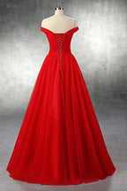 A-line Red Floor Length Tulle PromDresses Evening Dresses PG247 by pgmdress