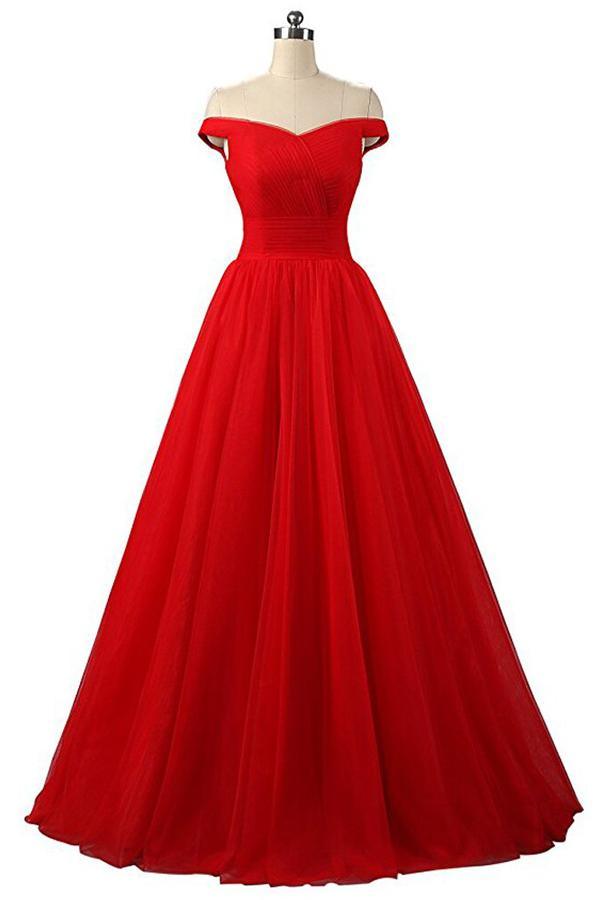 A-line Red Floor Length Tulle PromDresses Evening Dresses PG247 Hover Image