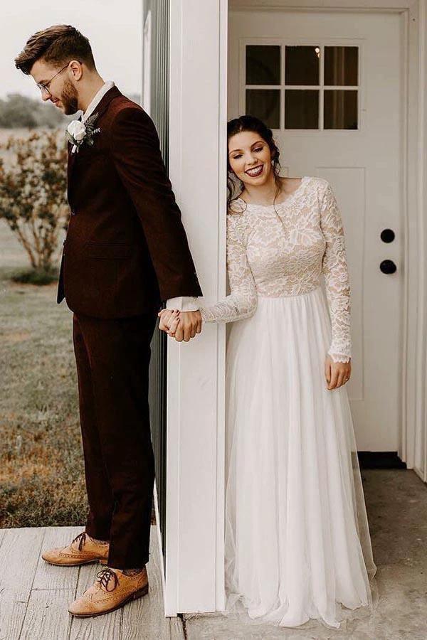 A-Line Round Neck Backless Lace Top Wedding Dress with Long Sleeves WD371 by pgmdress