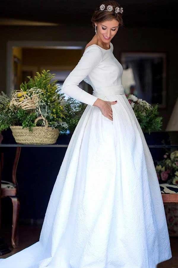 A-Line Round Neck Backless Satin Wedding Dress with Sleeves WD266 by pgmdress