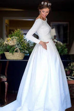 A-Line Round Neck Backless Satin Wedding Dress with Sleeves WD266 by pgmdress