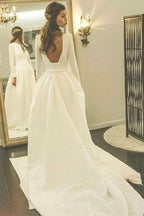 A-Line Round Neck Backless Satin Wedding Dress with Sleeves WD266 by pgmdress