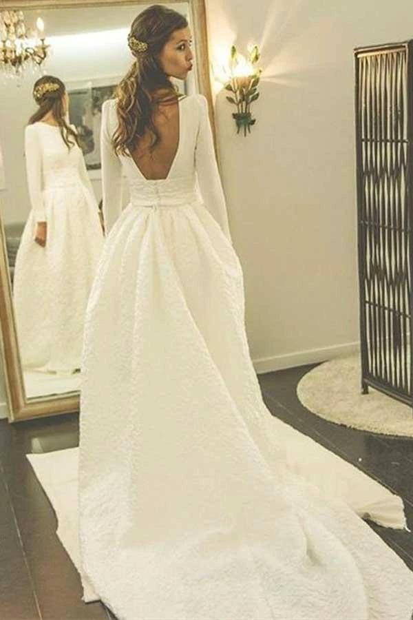 A-Line Round Neck Backless Satin Wedding Dress with Sleeves WD266 by pgmdress