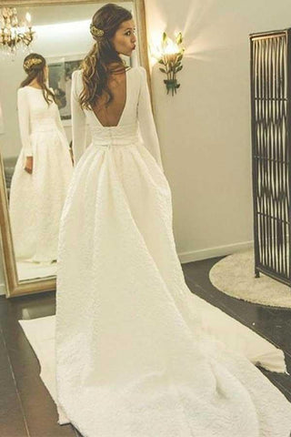 A-Linie Rundhals Rückenfreies Satin Brautkleid mit Ärmeln WD266