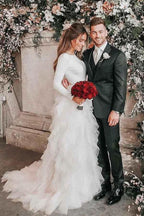 A-Line Round Neck Court Train Tulle Wedding Dress with Long Sleeves WD307 by pgmdress