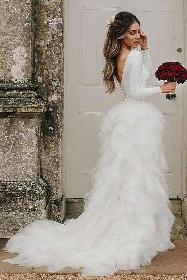 A-Line Round Neck Court Train Tulle Wedding Dress with Long Sleeves WD307 by pgmdress