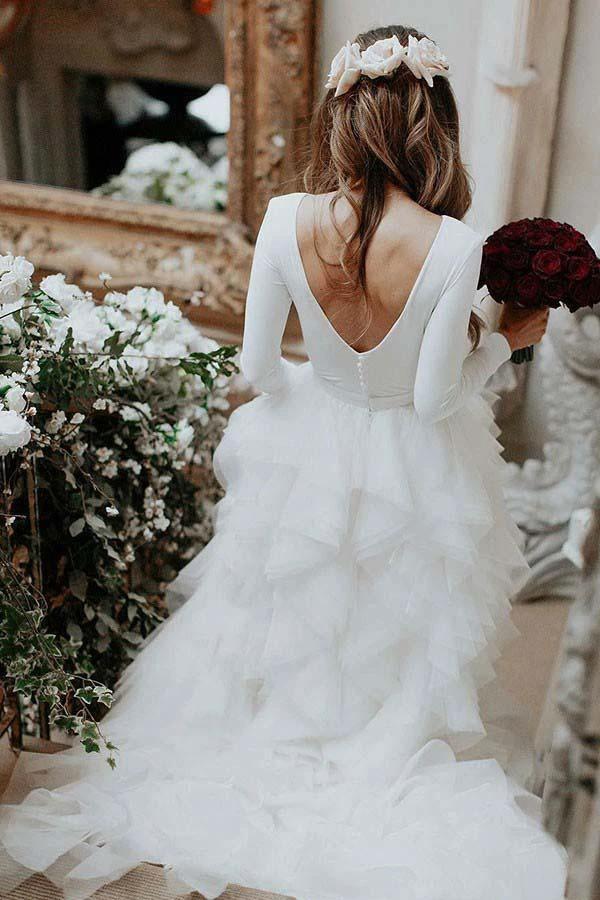A-Line Round Neck Court Train Tulle Wedding Dress with Long Sleeves WD307 by pgmdress