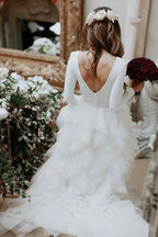A-Line Round Neck Court Train Tulle Wedding Dress with Long Sleeves WD307 by pgmdress