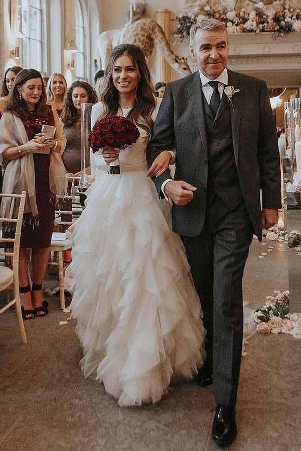 A-Line Round Neck Court Train Tulle Wedding Dress with Long Sleeves WD307 by pgmdress