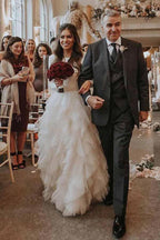 A-Line Round Neck Court Train Tulle Wedding Dress with Long Sleeves WD307 by pgmdress
