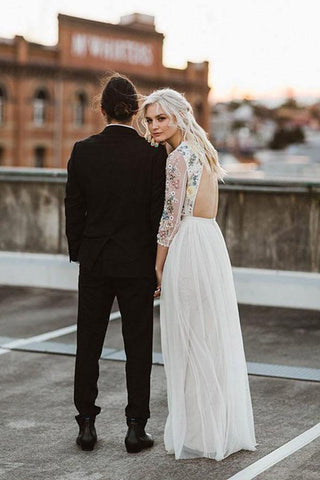 A-Linie Rundhals Langes Brautkleid mit Spitze Lange Ärmel WD341