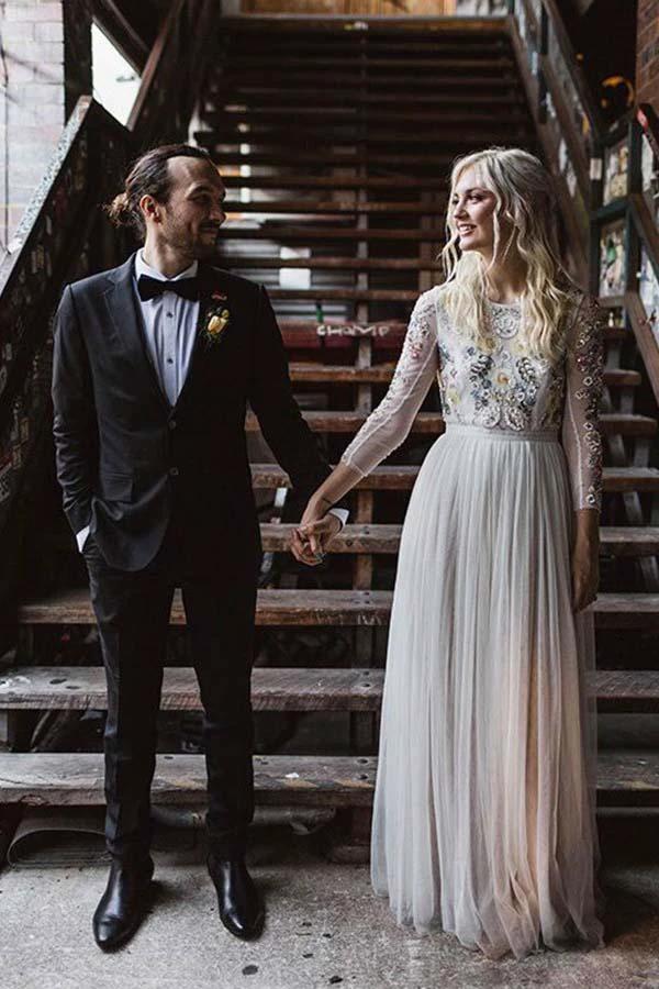 A-Line Round Neck Long Wedding Dress with Lace Long Sleeves WD341 by pgmdress