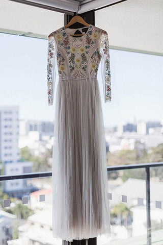 A-Linie Rundhals Langes Brautkleid mit Spitze Lange Ärmel WD341