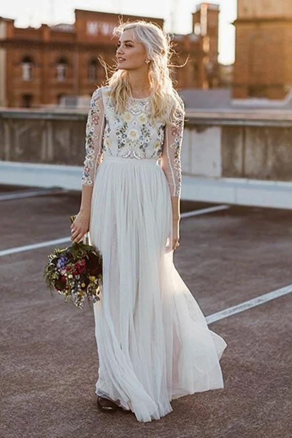 A-Line Round Neck Long Wedding Dress with Lace Long Sleeves WD341 by pgmdress