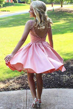 A-Line Round Neck Pink Satin Homecoming/Party Dress with Beading PD079 by pgmdress