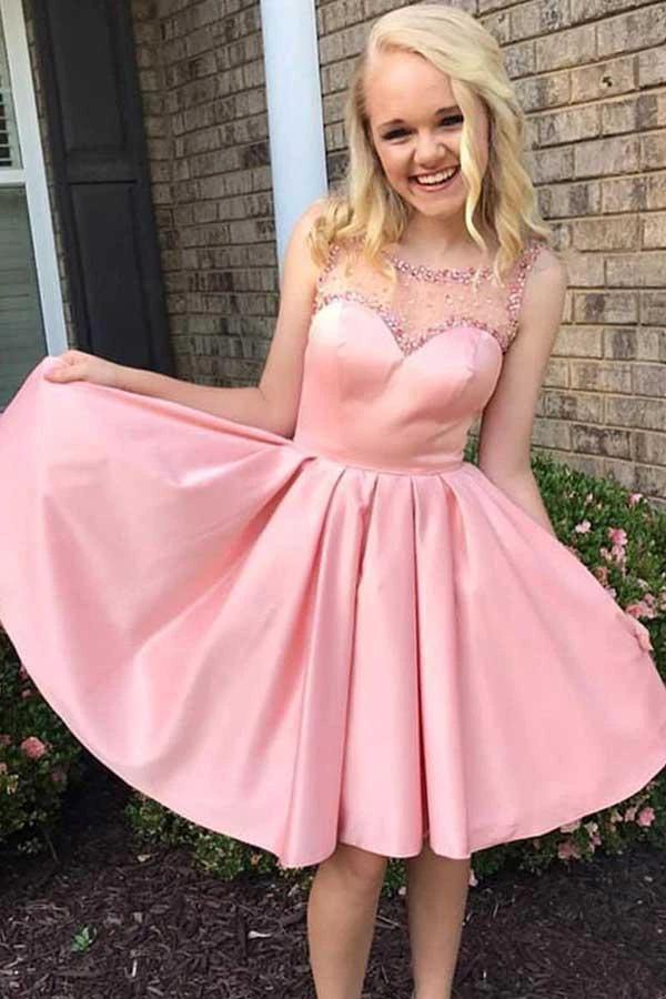 A-Line Round Neck Pink Satin Homecoming/Party Dress with Beading PD079 by pgmdress