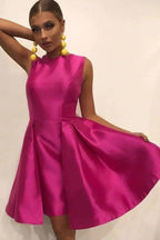 A-Line Round Neck Pleated White Satin Homecoming Party Dress PD1998 by pgmdress