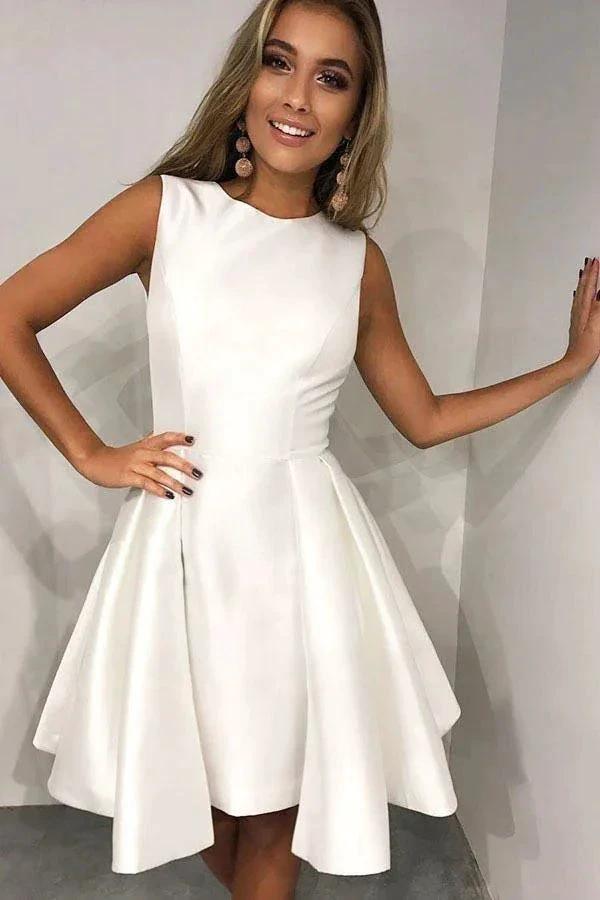 A-Line Round Neck Pleated White Satin Homecoming Party Dress PD1998 by pgmdress