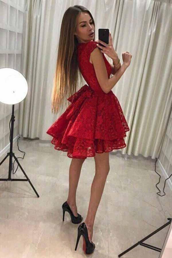 Vestido de Festa de Regresso a Casa Vermelho Curto com Renda e Decote Redondo em Linha A PD228