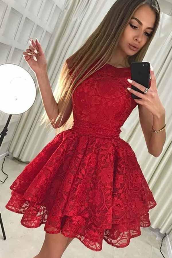 Vestido de Festa de Regresso a Casa Vermelho Curto com Renda e Decote Redondo em Linha A PD228
