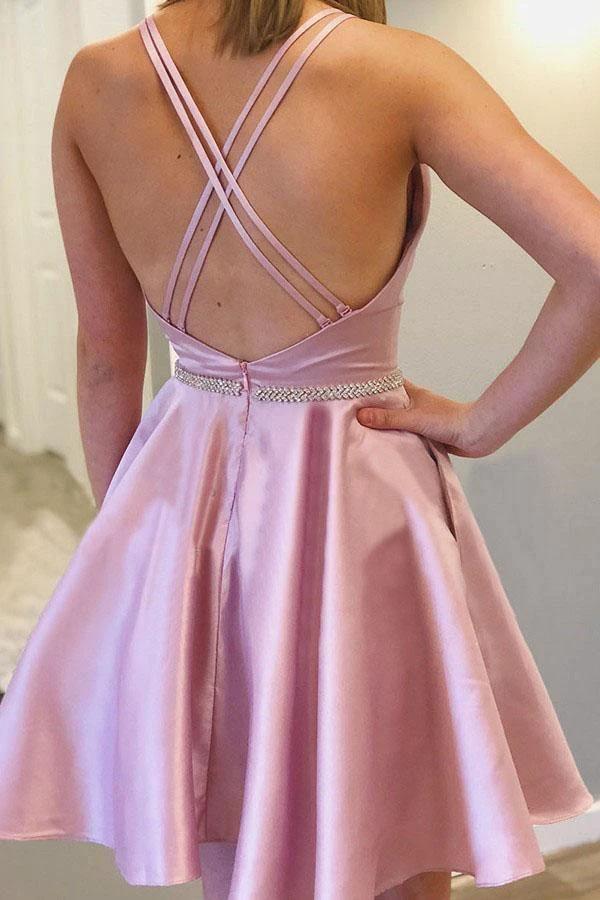A-line Round Neck Sleeveless Straps Short Homecoming Dress with Beading PD382 by pgmdress