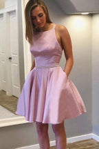A-line Round Neck Sleeveless Straps Short Homecoming Dress with Beading PD382 by pgmdress