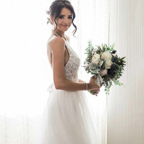 A-Linie Rundhals Sweep-Schleppe Tüll Brautkleid mit Spitze WD390