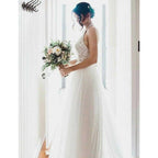 A-Line Round Neck Sweep Train Tulle Wedding Dress with Lace WD390 by pgmdress