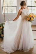A-Line Round Neck Sweep Train Tulle Wedding Dress with Lace WD390 by pgmdress