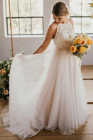 A-Linie Rundhals Sweep-Schleppe Tüll Brautkleid mit Spitze WD390