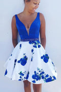 Vestido de fiesta corto con corte en A, floral, azul rey y blanco, PD245