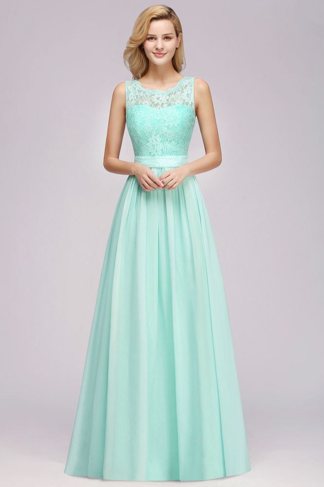 A-Line Ruffles Bridesmaid Dress Lace Scalloped Sleeveless Floor-Length Wedding Party Dress
