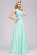 A-Line Ruffles Bridesmaid Dress Lace Scalloped Sleeveless Floor-Length Wedding Party Dress by misshow.com