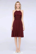 A-Line Ruffles Chiffon Halter Knee-Length Party Dress Simple Bridesmaid Dress by misshow.com