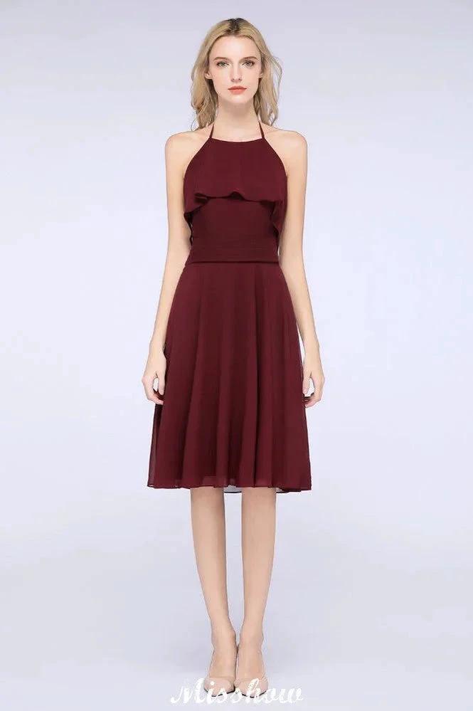 A-Line Ruffles Chiffon Halter Knee-Length Party Dress Simple Bridesmaid Dress by misshow.com