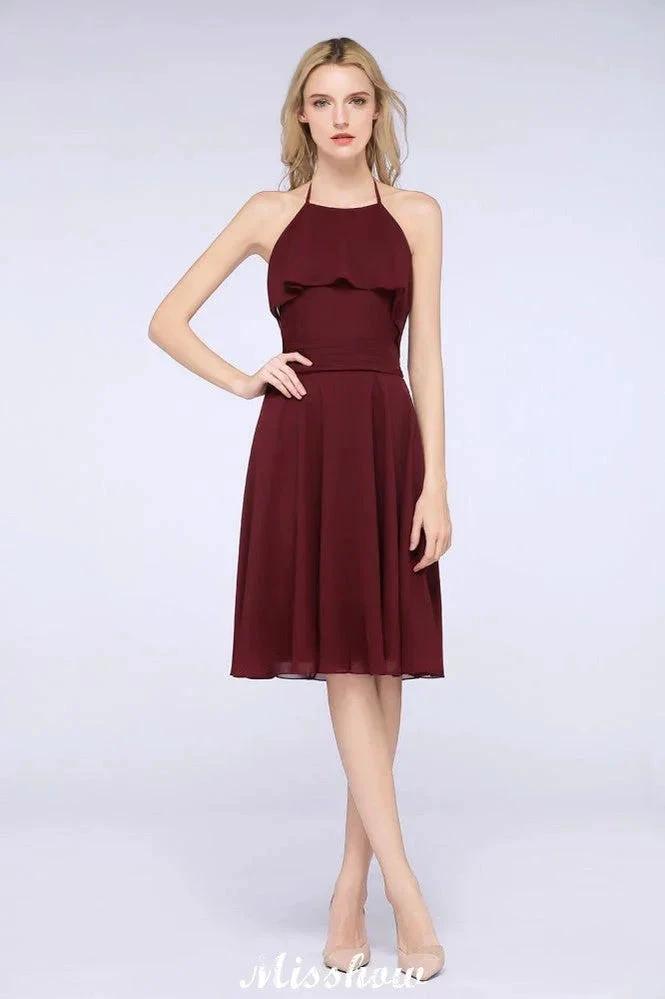 A-Line Ruffles Chiffon Halter Knee-Length Party Dress Simple Bridesmaid Dress by misshow.com
