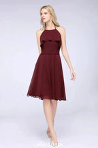 A-Line Ruffles Chiffon Halter Knee-Length Party Dress Simple Bridesmaid Dress by misshow.com