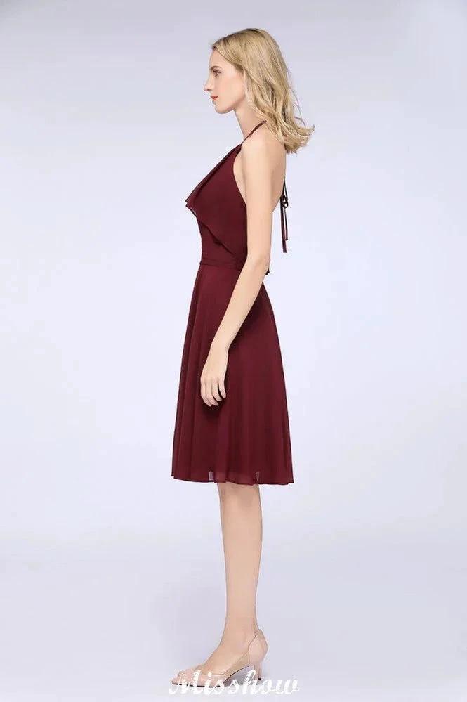 A-Line Ruffles Chiffon Halter Knee-Length Party Dress Simple Bridesmaid Dress by misshow.com