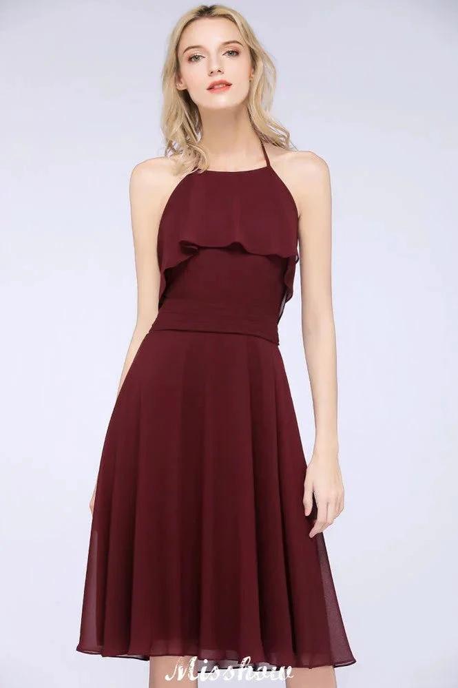 A-Line Ruffles Chiffon Halter Knee-Length Party Dress Simple Bridesmaid Dress by misshow.com