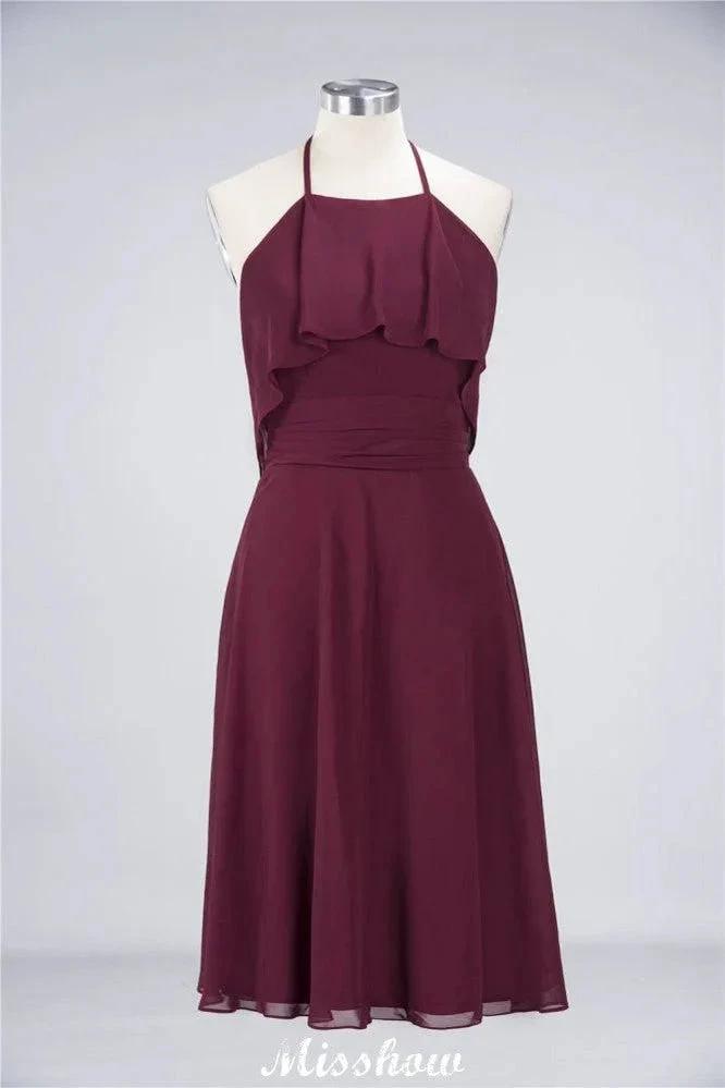 A-Line Ruffles Chiffon Halter Knee-Length Party Dress Simple Bridesmaid Dress by misshow.com