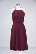 A-Line Ruffles Chiffon Halter Knee-Length Party Dress Simple Bridesmaid Dress by misshow.com