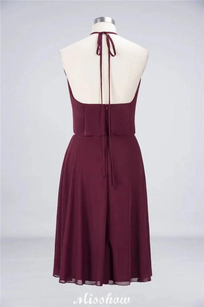 A-Line Ruffles Chiffon Halter Knee-Length Party Dress Simple Bridesmaid Dress by misshow.com