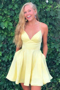 A-line Satin Fit and Flare Yellow Homecoming Dress with Pockets PD333 by pgmdress